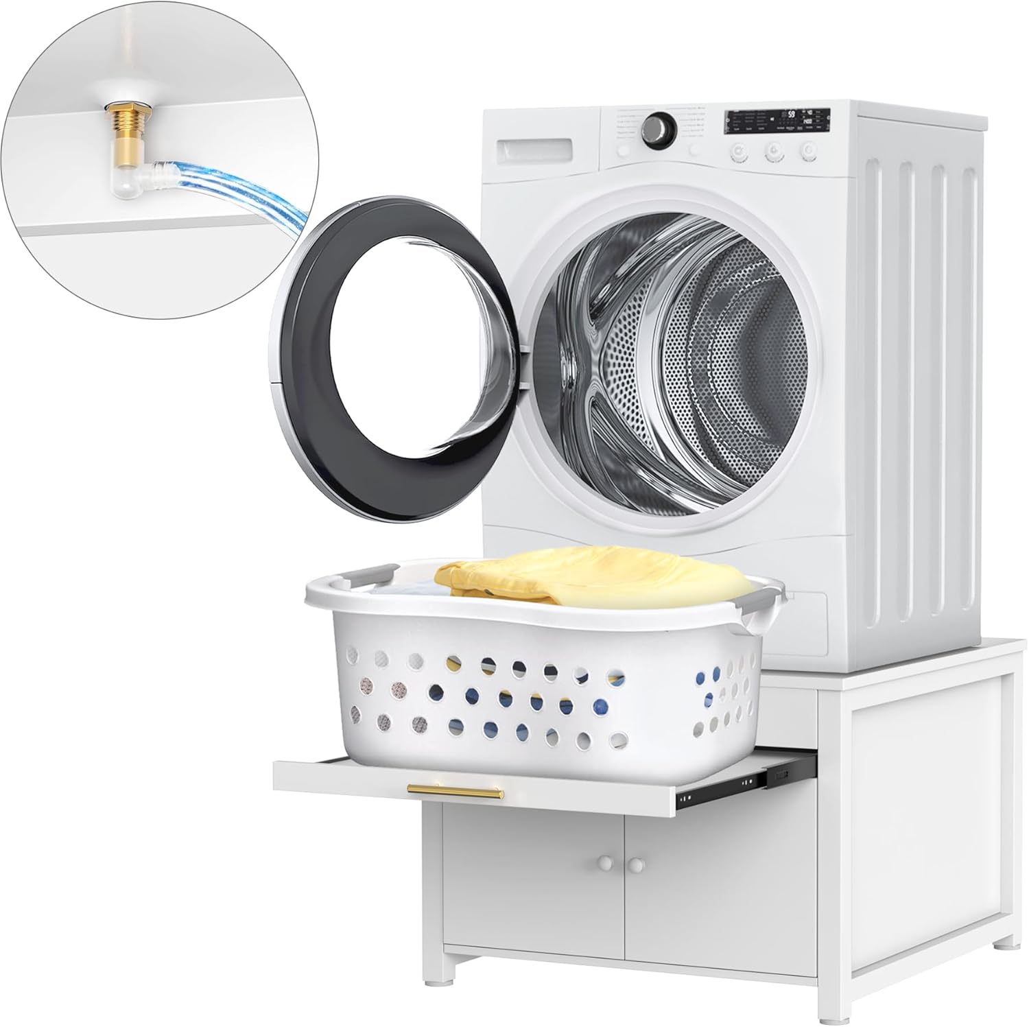 GDLF Laundry Pedestal Heavy Duty Metal Washer and Dryer Stand 29" Universal Fit Anti-Vibration Washing Machine Stand with Laundry Basket Shelf and Built-in Drain Pan + Hose,770 LBS Capacity,White