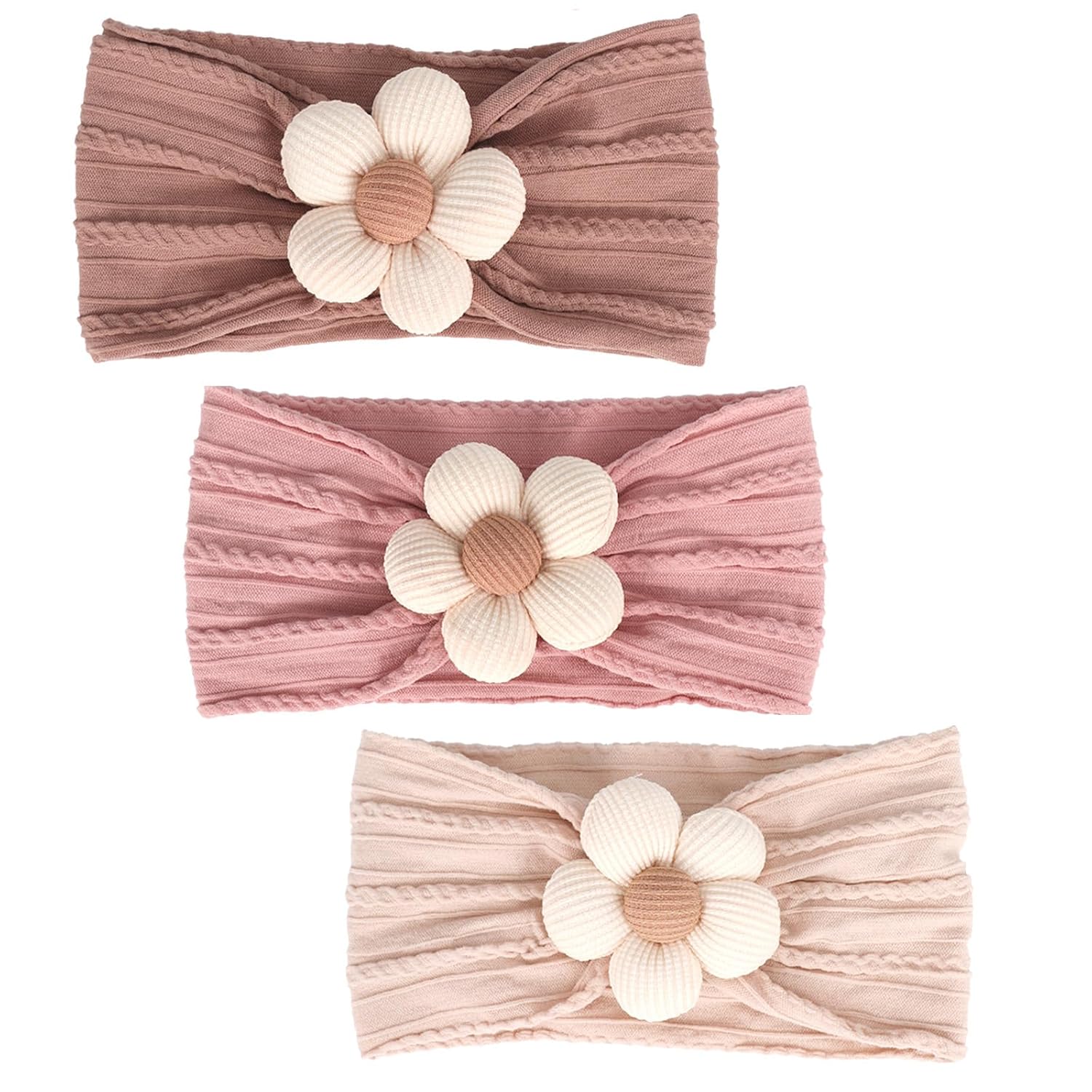 3 Pcs Baby Flower Headbands Baby Girls Nylon Headbands Soft Hairbands Hair Accessories for Newborn Infant Toddler Kids (Beige Pink Khaki)