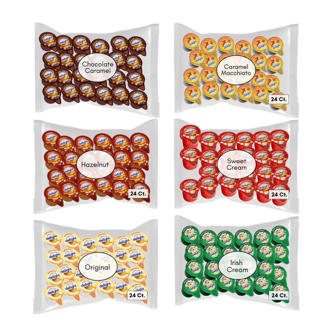 International Delight Liquid Creamer Singles - 6 Flavor Assortment (144 Pack) *Custom Leak Resistant Packaging* (Irish Cream, Vanilla, Hazelnut, Original, Sweet Cream & Caramel Macchiato)