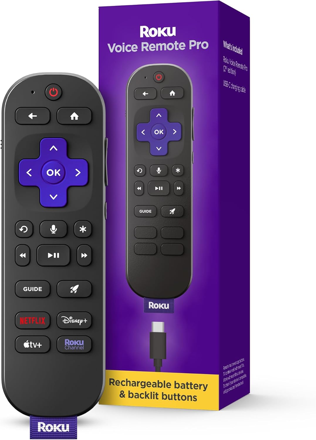Roku Voice Remote Pro (2nd Ed.) | Rechargeable TV Remote Control with Hands-free Voice Controls, Backlit Buttons, & Lost Remote Finder - Replacement Remote Compatible with All Roku TV, Players & Audio