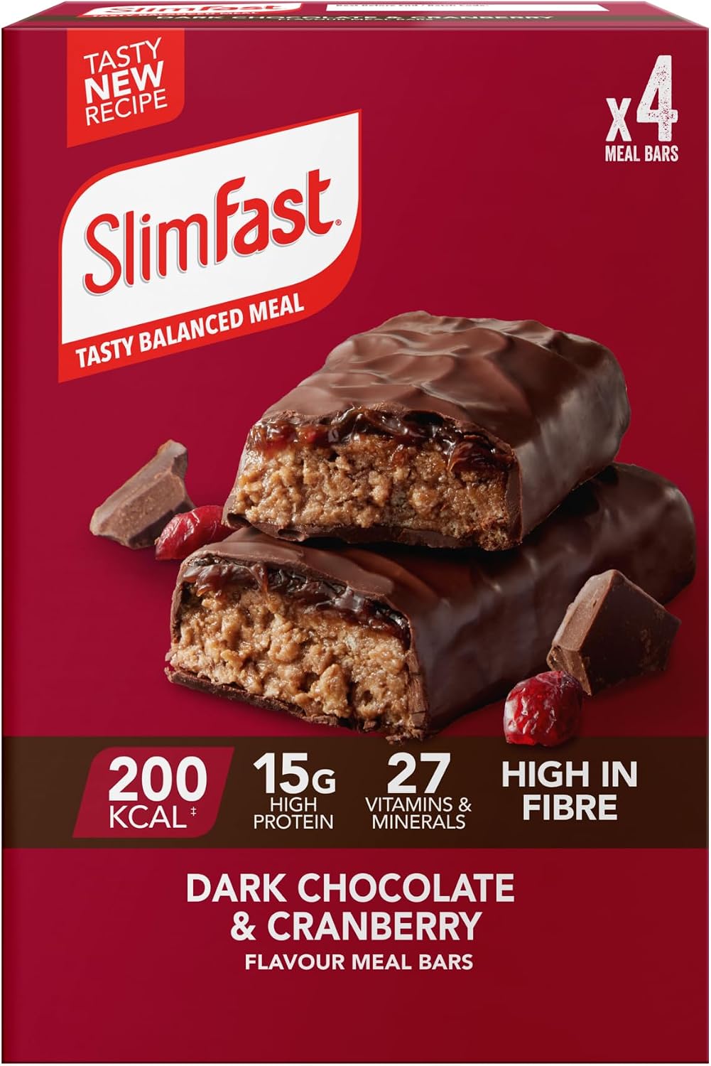 SlimFast Snack Bar • Dark Chocolate & Cranberry Flavour • 4 x 60g Bars