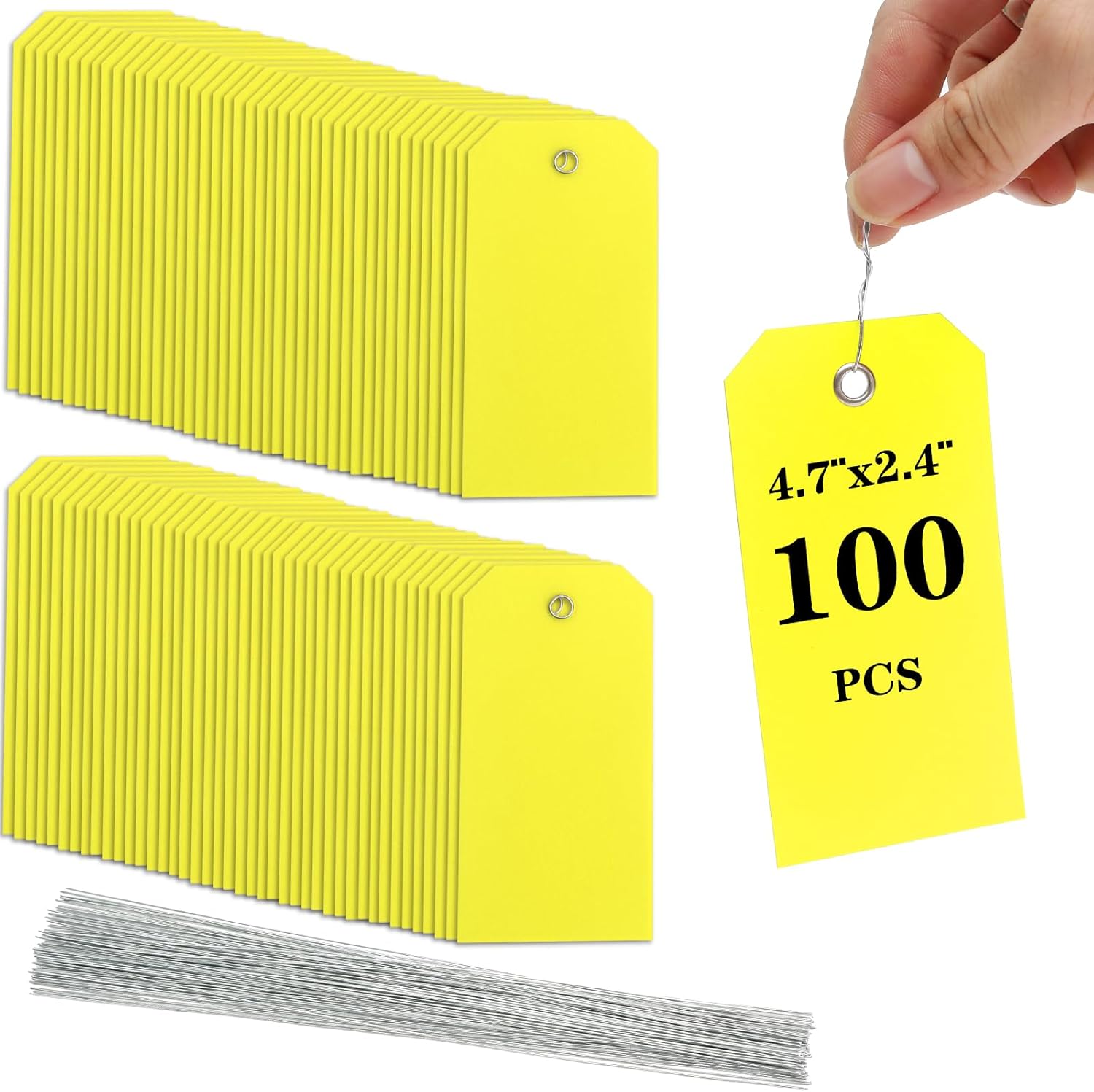 Pack of 100 Yellow Plastic Shipping Tags,with Wire Ties Plastic Hang Tags Durable, Waterproof, Blank, Writeable, Multi-Purpose Labels