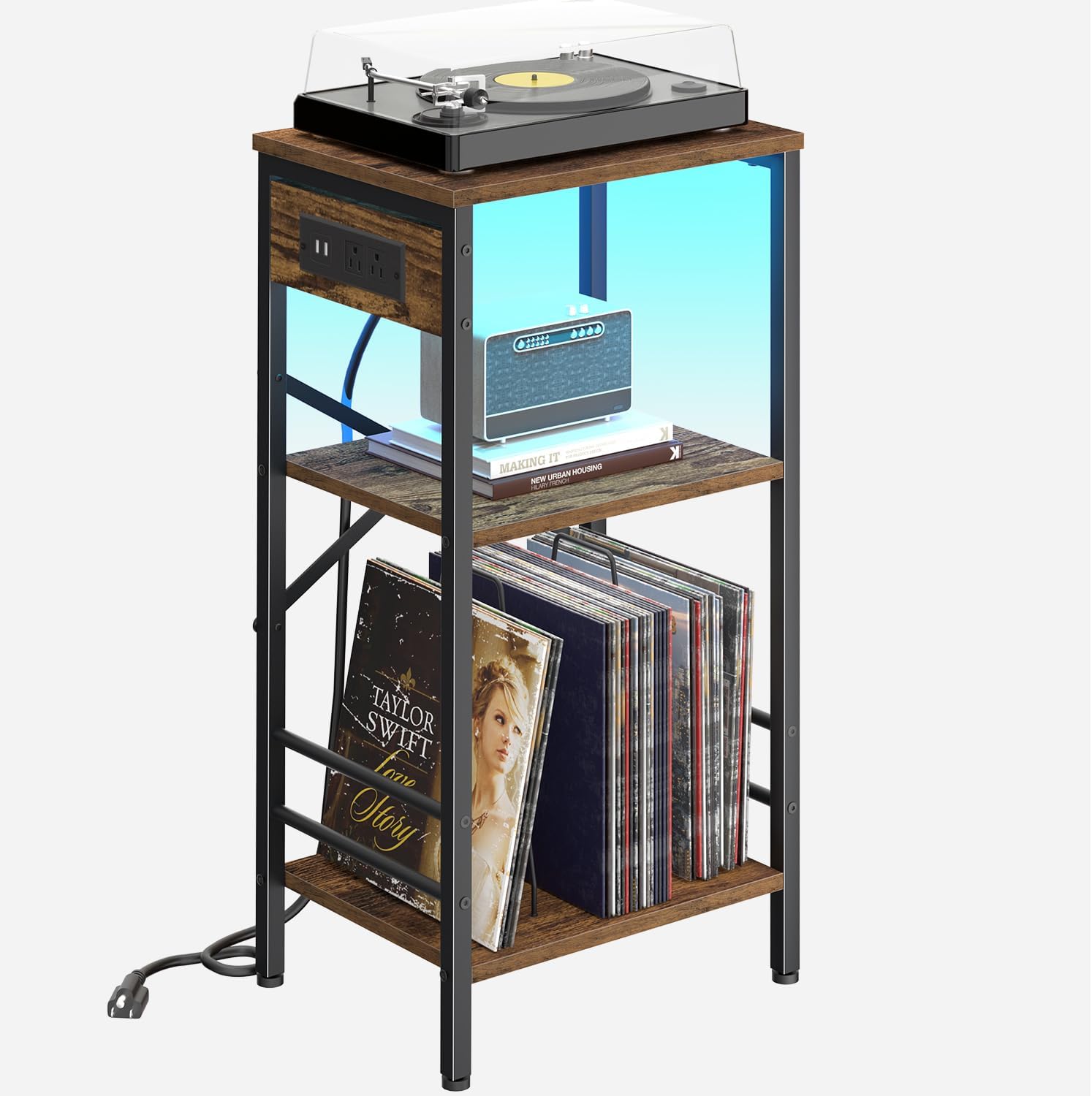 Record Player Stand with Charging Station, 3-Tier Side Table with LED Light, End Table Nightstand for Vinyl Storage, Tall Beside Tables Turntable Stand Living Room，Bedroom
