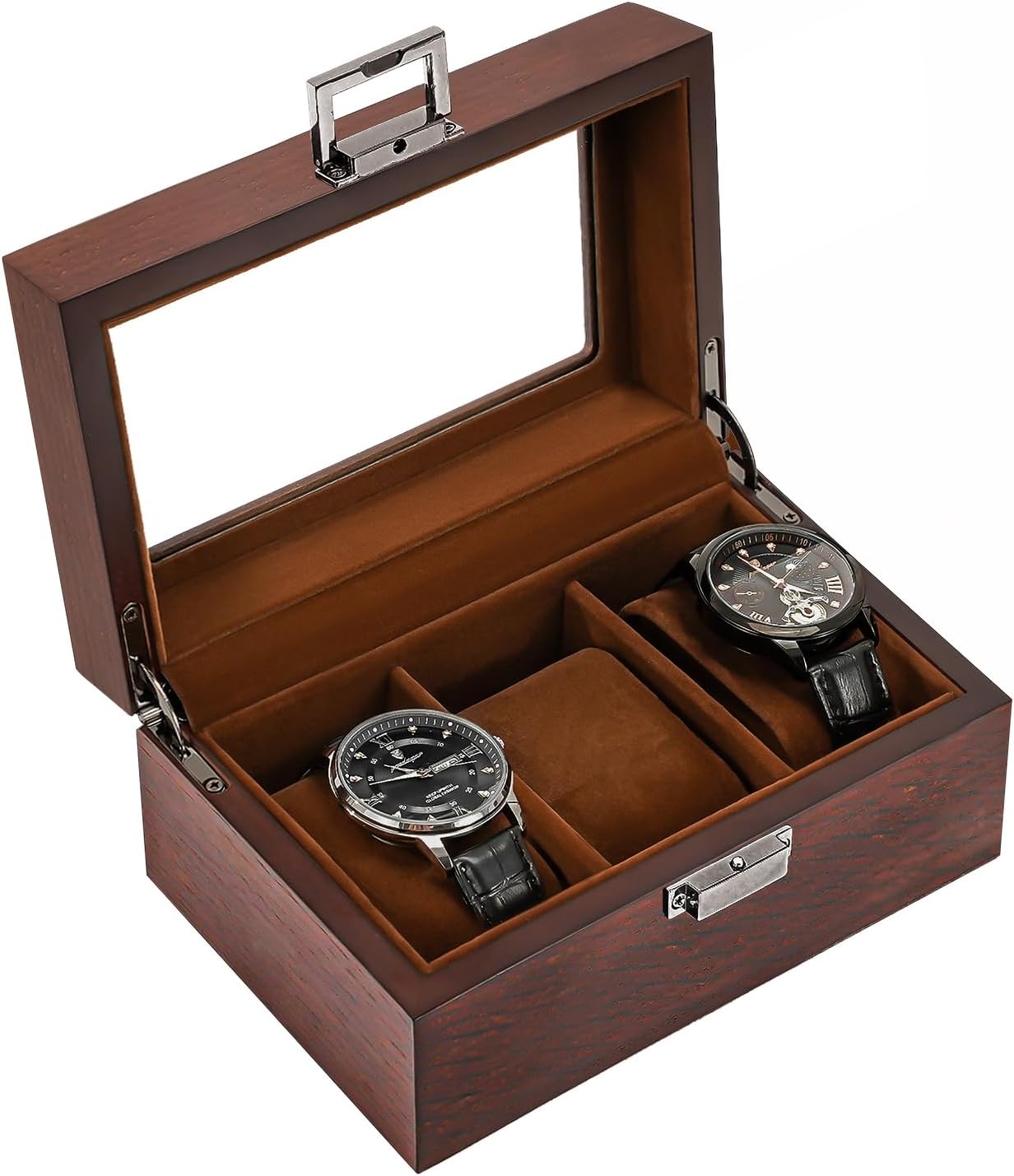 ProCase Wooden Watch Box, 3 Slot Mens Watch Display Case, Espresso | Wood Watches Holder Storage Organizer with Clear Lid, Anniversary Christmas Birthday Gift for Dad Friend Father Men Women