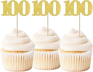 30 PCS Number 100 Cupcake Toppers Glitter Happy 100 Days Birthday Cupcake Picks 100th Birthday Wedding Anniversary Party Cake Decorations Supplies Gold