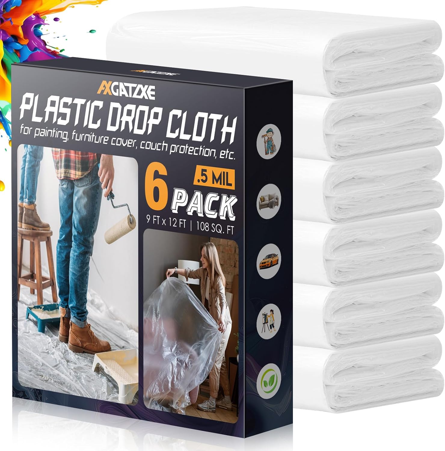 12 x 9 Ft Plastic Drop Cloths (6-Pack) - Disposable Painter's Sheeting & Tarps for Painting, Waterproof Furniture/Couch/Floor Protection