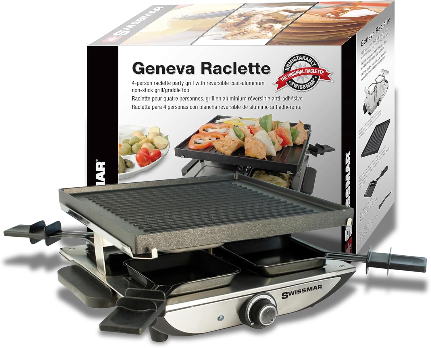 Swissmar Geneva Raclette Grill with Reversible Cast Aluminum Grill Top - Perfect for outdoor & Indoor Electric Raclette Grill & Griller - Barbeque Bonding - 4-Person