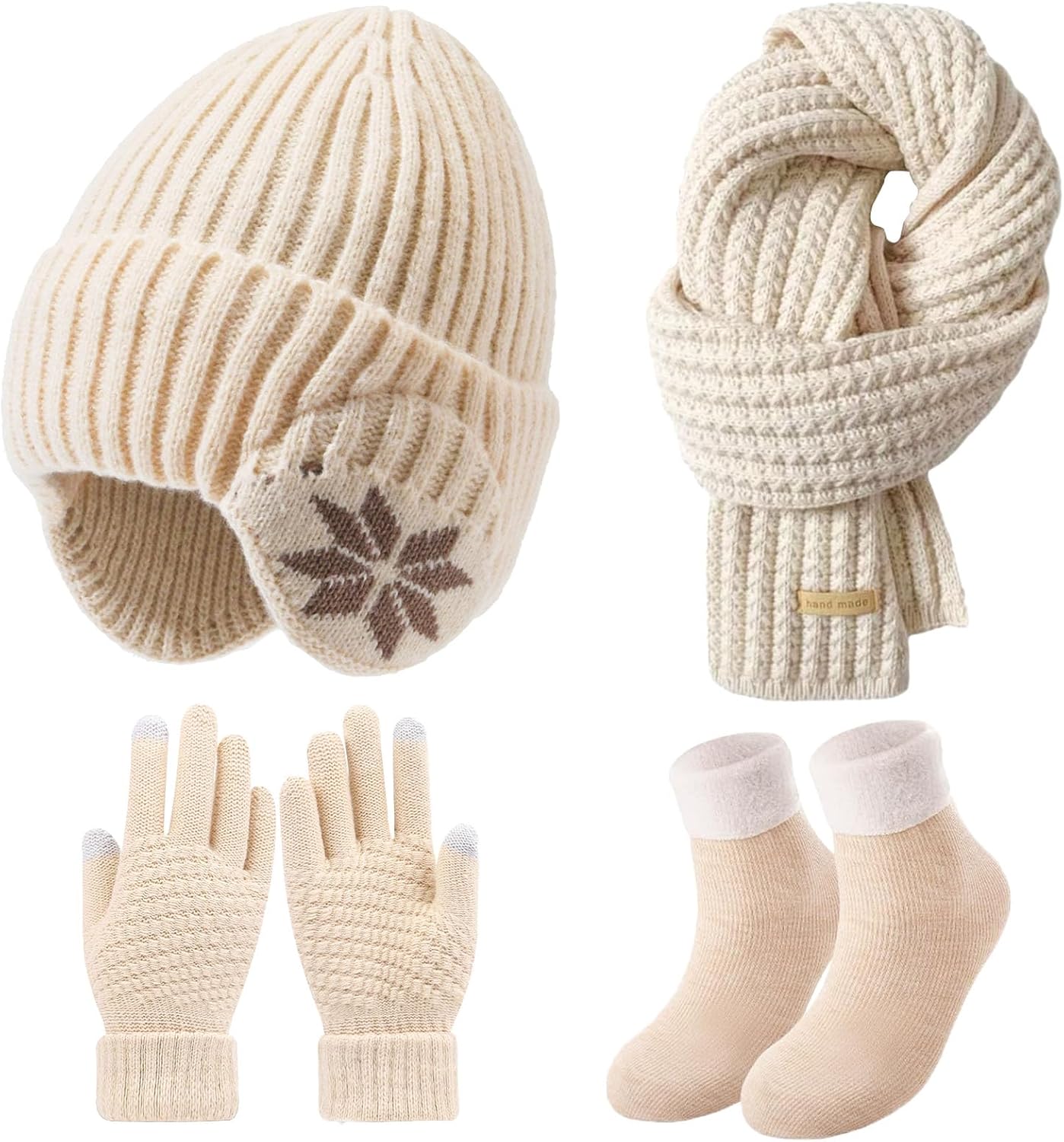 Saier tbo 4 Packs Women Winter Hat Scarf Gloves Socks Set, Fleece Lined Beanie Hat with Ear Covers Warm Touch Screen Gloves Long Knit Scarf Warmer Stocking for Girls Winter Accessories Cold Weather