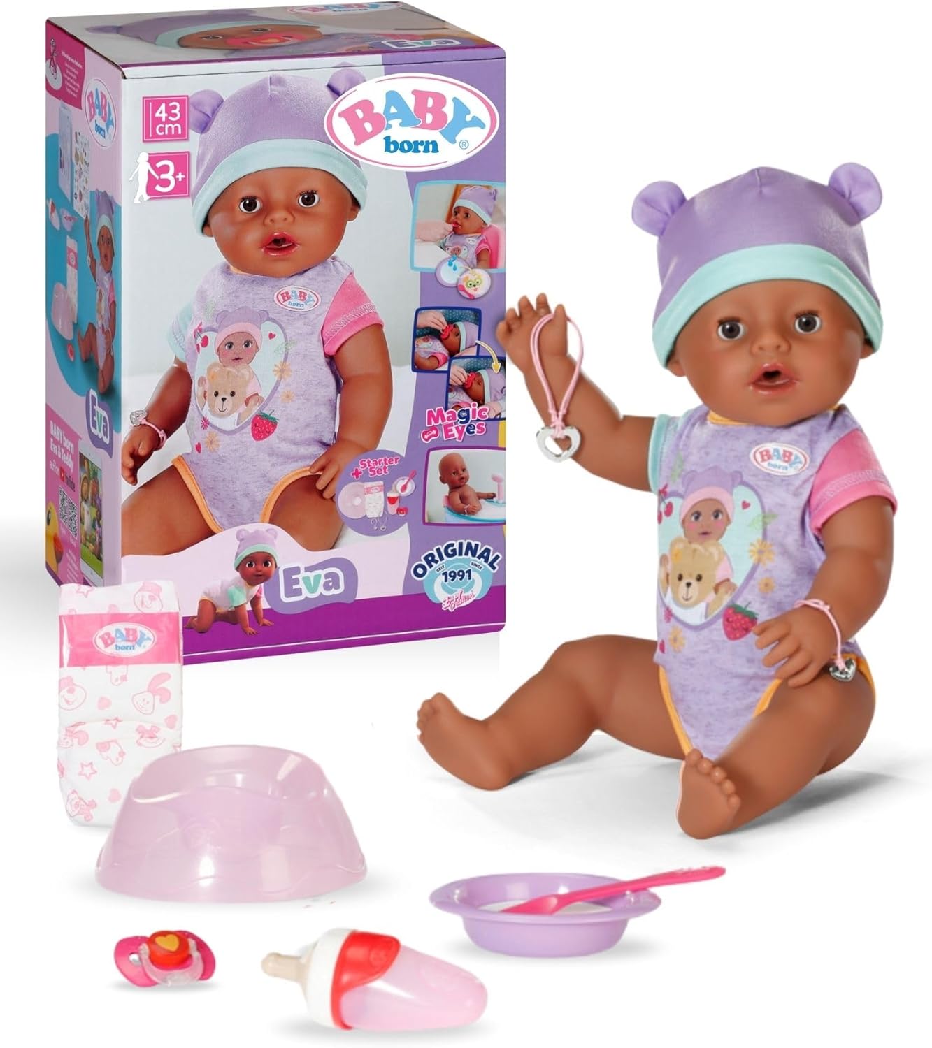 BABY born Eva, ​​Baby Doll with 10 Functions and Accessories, For Children Aged 3 and Over, Works without Batteries, 43cm Tall Doll, 836408 Zapf Creation, Rosa