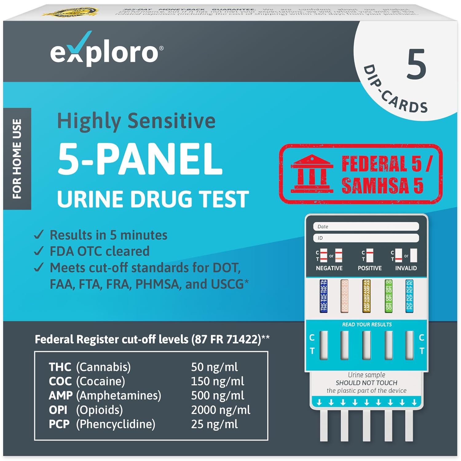 Exploro 5-Panel Drug Test kit for Pre-Employment Screening, High Sensitive Multi Panel Drug Test for THC, Cocaine, Amphetamine, Opioids, PCP - Meets DOT Regulations, Instant Results (Pack of 5)