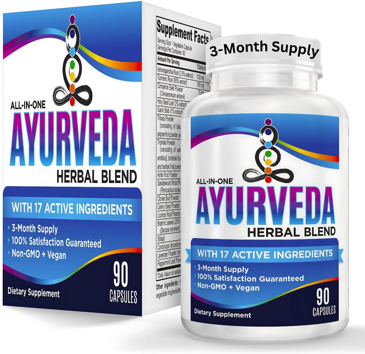AYURVEDA 3-Month Herbal Blend (17-in-1) Supplement Complex | Natural Ayurvedic Herbs | Strong Mind, Body, & Spirit Supplements | Pills | Ayurveda Products | Bulk Savings 90-Day Supply | 90 Capsules