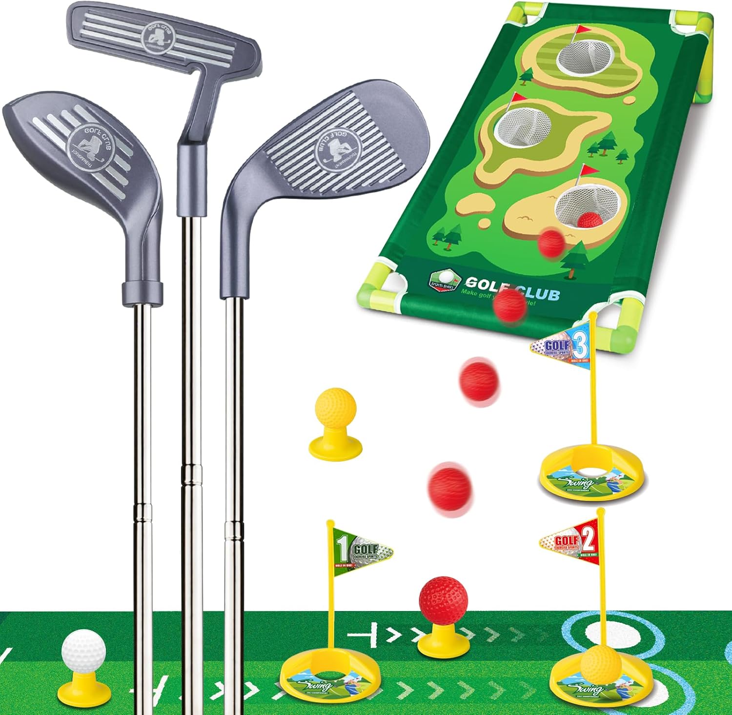 Liberry Kids Golf Club Set for 3 4 5 6 Years Old Boys Girls, Adjustable Toddler Golf Set with Putting Mat, Cornhole Board, Outdoor Indoor Sports Toy Christmas Birthday Gift
