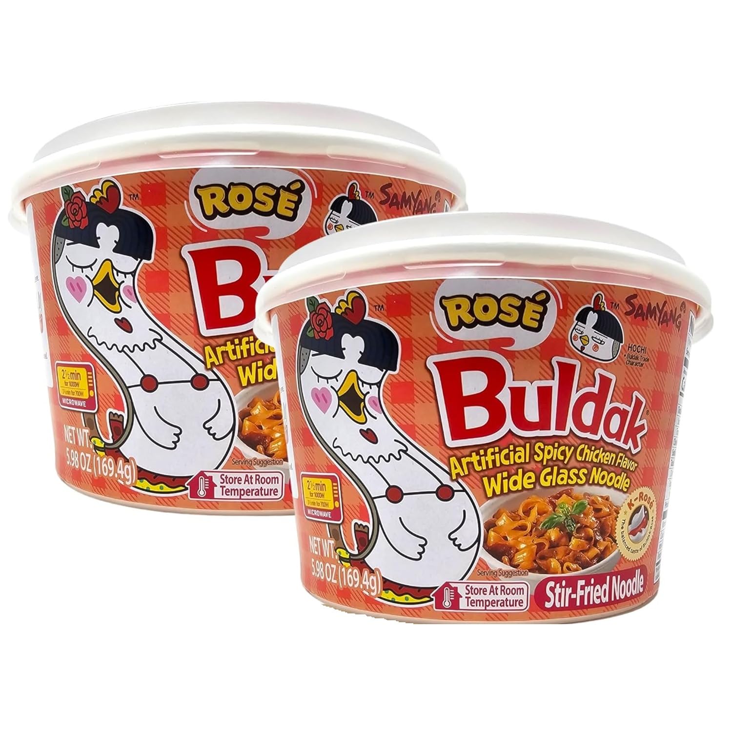 YCNO KOMBOFAN Samyang Buldak K Rose, Wide Flat Glass Noodles, Big Bowl Cup, Korean Fire Challenge Microwaveable 삼양 로제 불닭 납작당면 (5.98oz) (2 Packs)