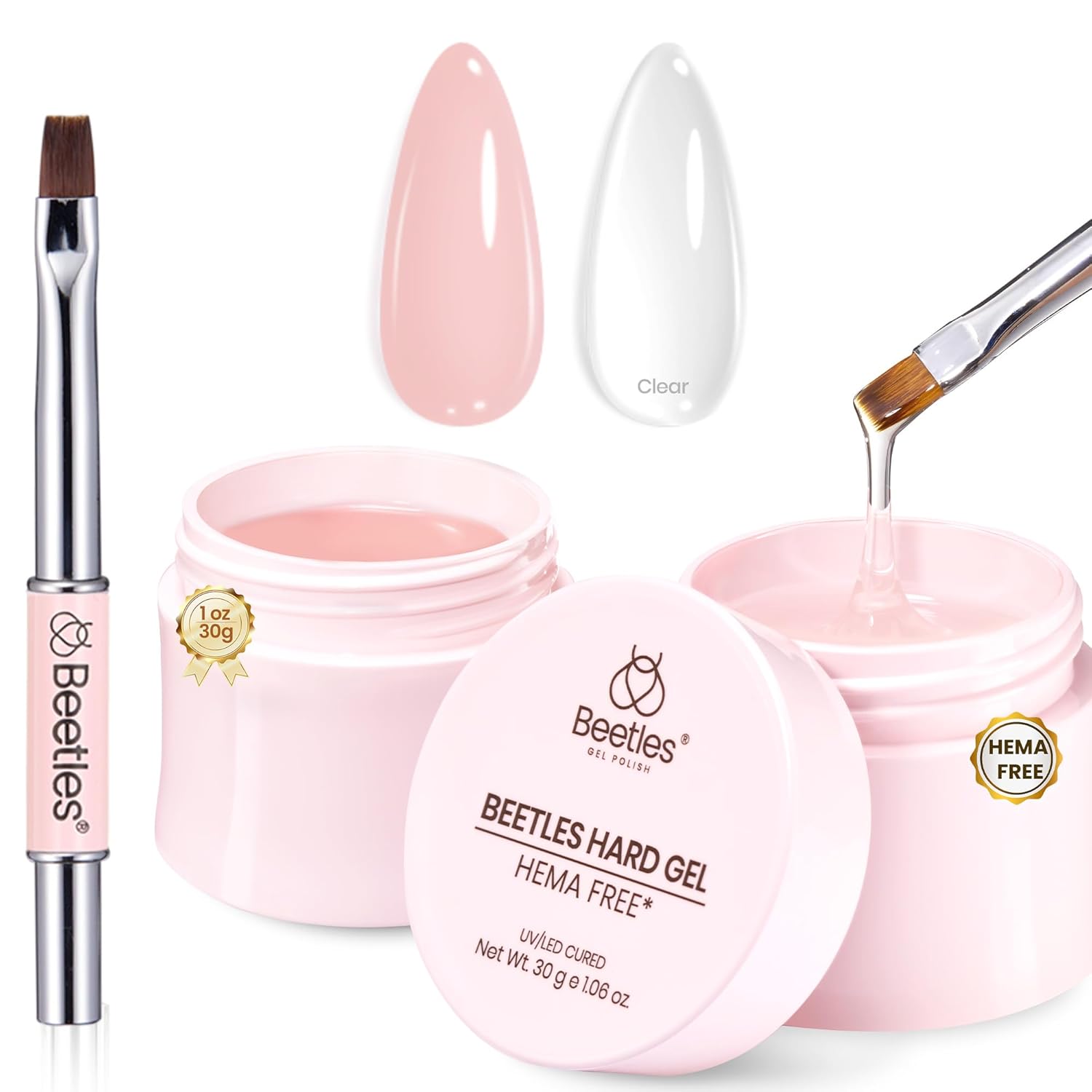 Beetles HEMA-Free Hard Gel for Nails-2 Pcs 1 oz 9 in 1 Clear & Jelly Nude UV & LED Lamp Cured Sculpting Gel for Nail Extension & Nail Repair with Flat Nail Brush High Hardness Nails for Pros Women