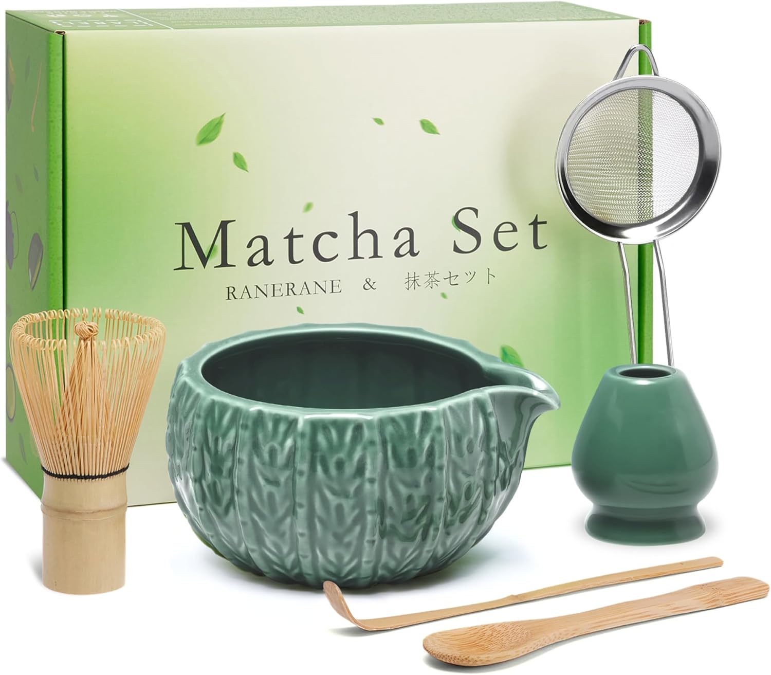 Matcha Whisk Set, Cactus Dark Green Ceramic Matcha Set Includes Matcha Bowl, Matcha Whisk (Chasen) and Holder, Sifter, Bamboo Scoop & Spoon - 6 Pcs Matcha Kit for Matcha Lovers