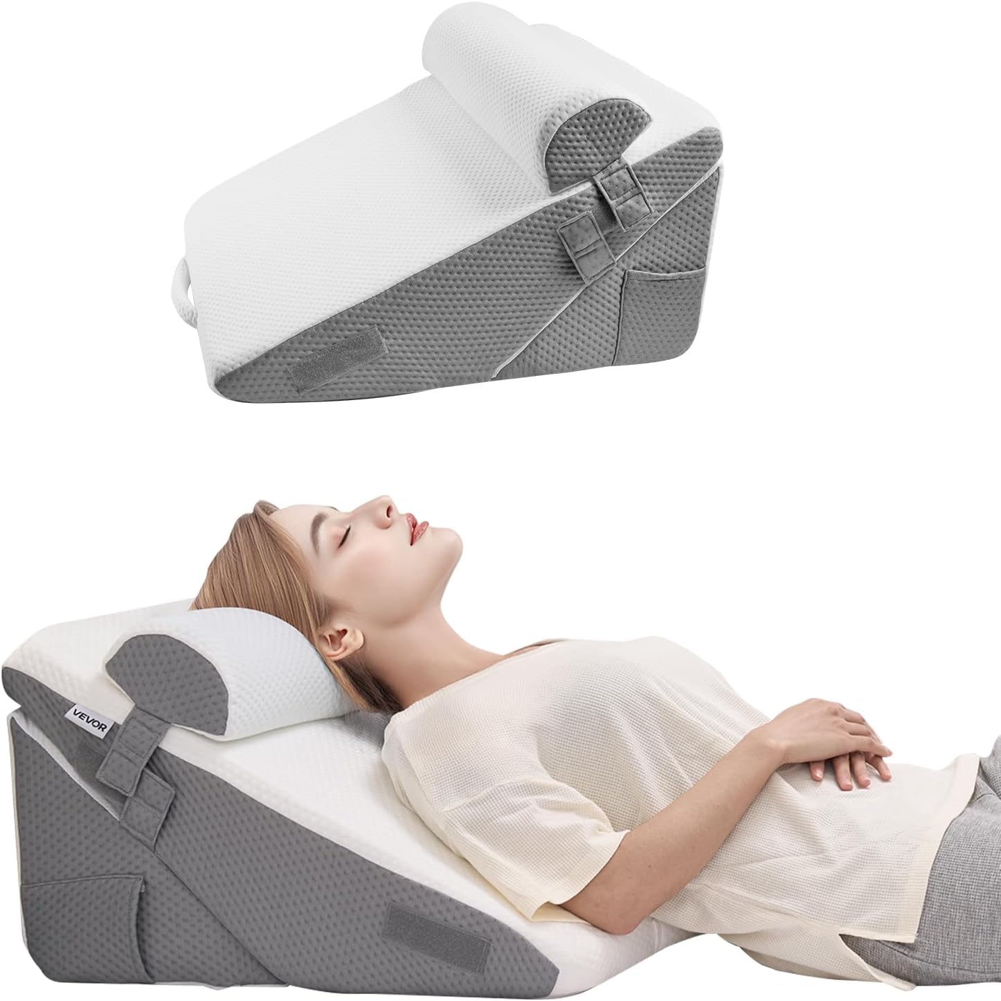 VEVOR Bed Wedge Pillow for Sleeping, 3 Pcs Adjustable Orthopedic Bed Wedge Set, with Jacquard Washable Cover & Foam Support, Post Surgery Pillow for Acid Reflux Back Pain Snoring Relief, White/Grey