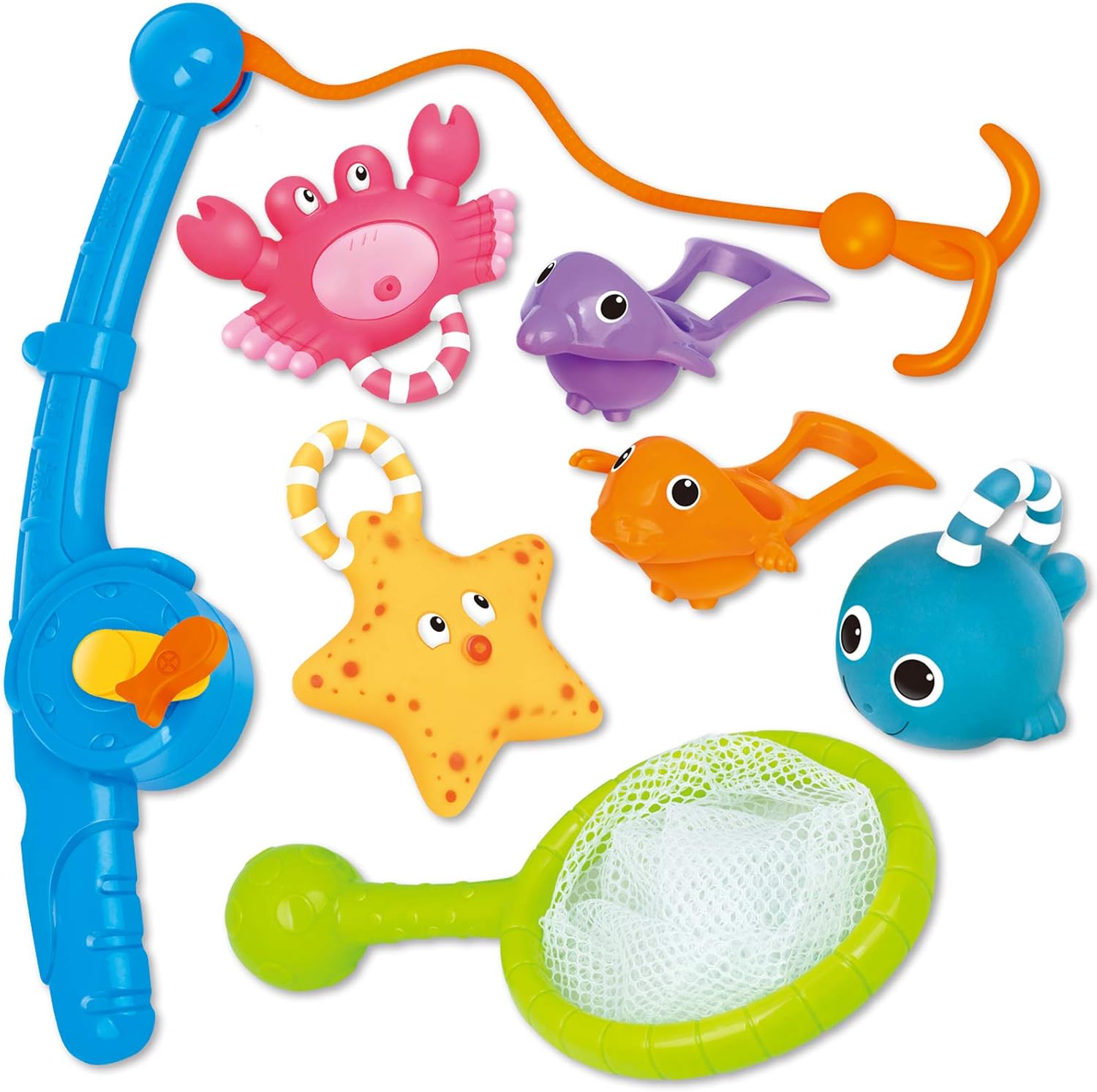YeoNational Toys Bath Toy, Fishing Floating Squirts Toy and Water Scoop With Organizer Bag(8 Pack), Fish Net Game in Bathtub Bathroom Pool Bath Time for Kids Toddler Baby Boys Girls, Bath Tub Spoon