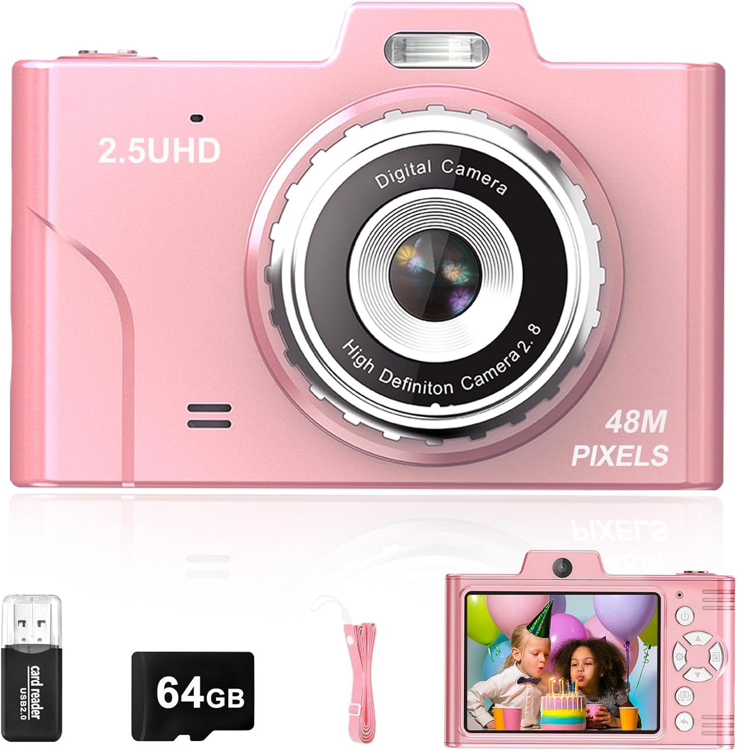 Digital Camera for Kids, 48MP 1080P FHD Camera with 64GB Card, 8X Digital Zoom Point and Shoot Digital Camera Compact Small Camera Gifts for Teens Students Children Kids Boys Girls(Pink)