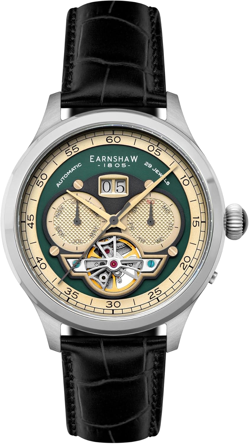Thomas Earnshaw Baron Men's Watch – Automatic Open-Heart Movement, Grand Date Calendar, 43mm Stainless Steel Case, Leather Strap, 50m Water Resistant, ES-8187