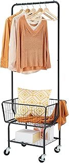 Tajsoon Laundry Cart with Hanging Rack, Metal Laundry Basket with Wheels, Laundry Hamper with Storage Basket and Shelf, Rolling Laundry Cart with Wheels, Black