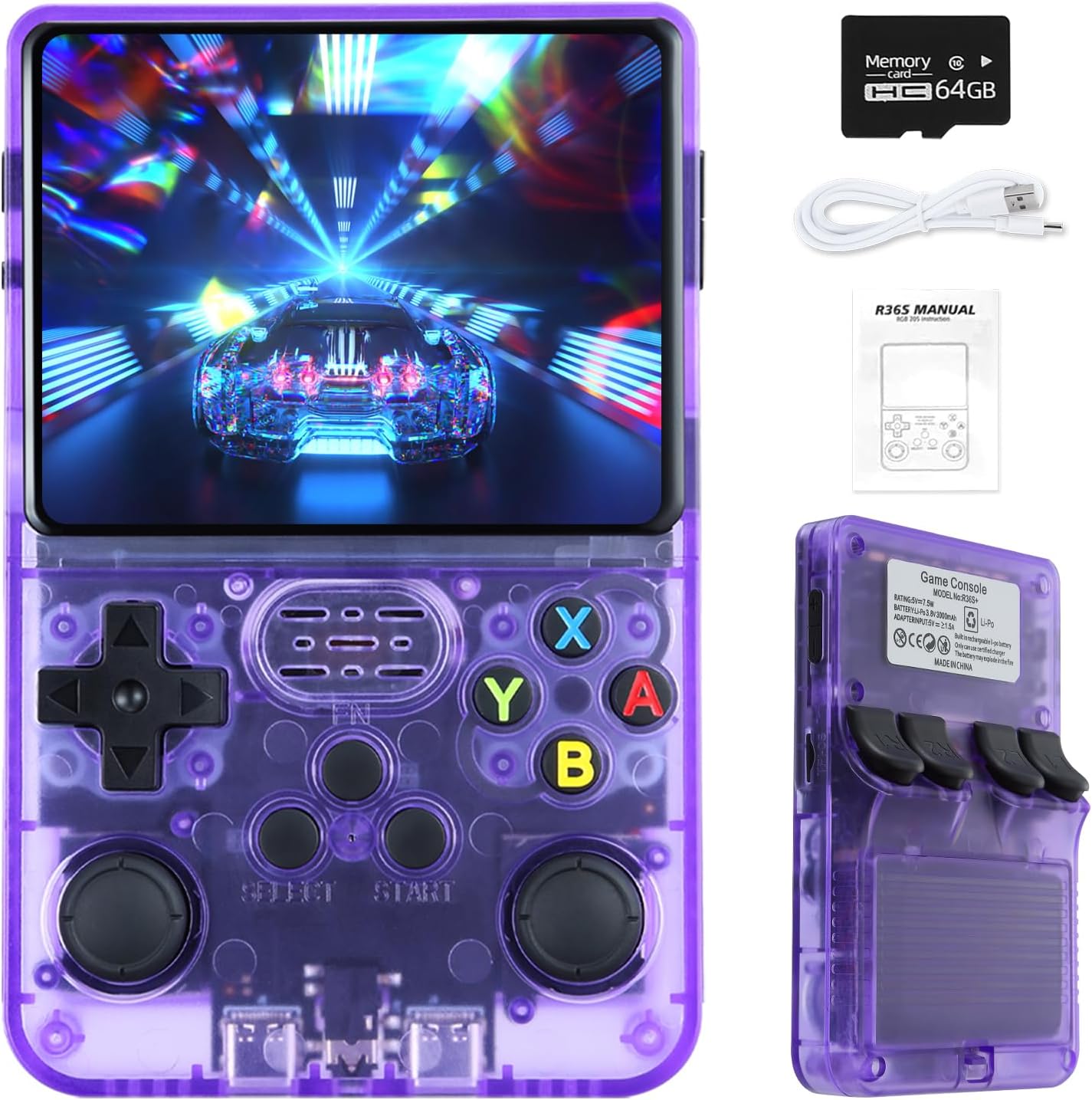 R36s Handheld Retro Game Console with Open Source Linux System - 3.5 Inch IPS Screen, 64G TF Card 15000+ Retro Classic Games, Retro Games Console Handheld Emulator Console-Purple