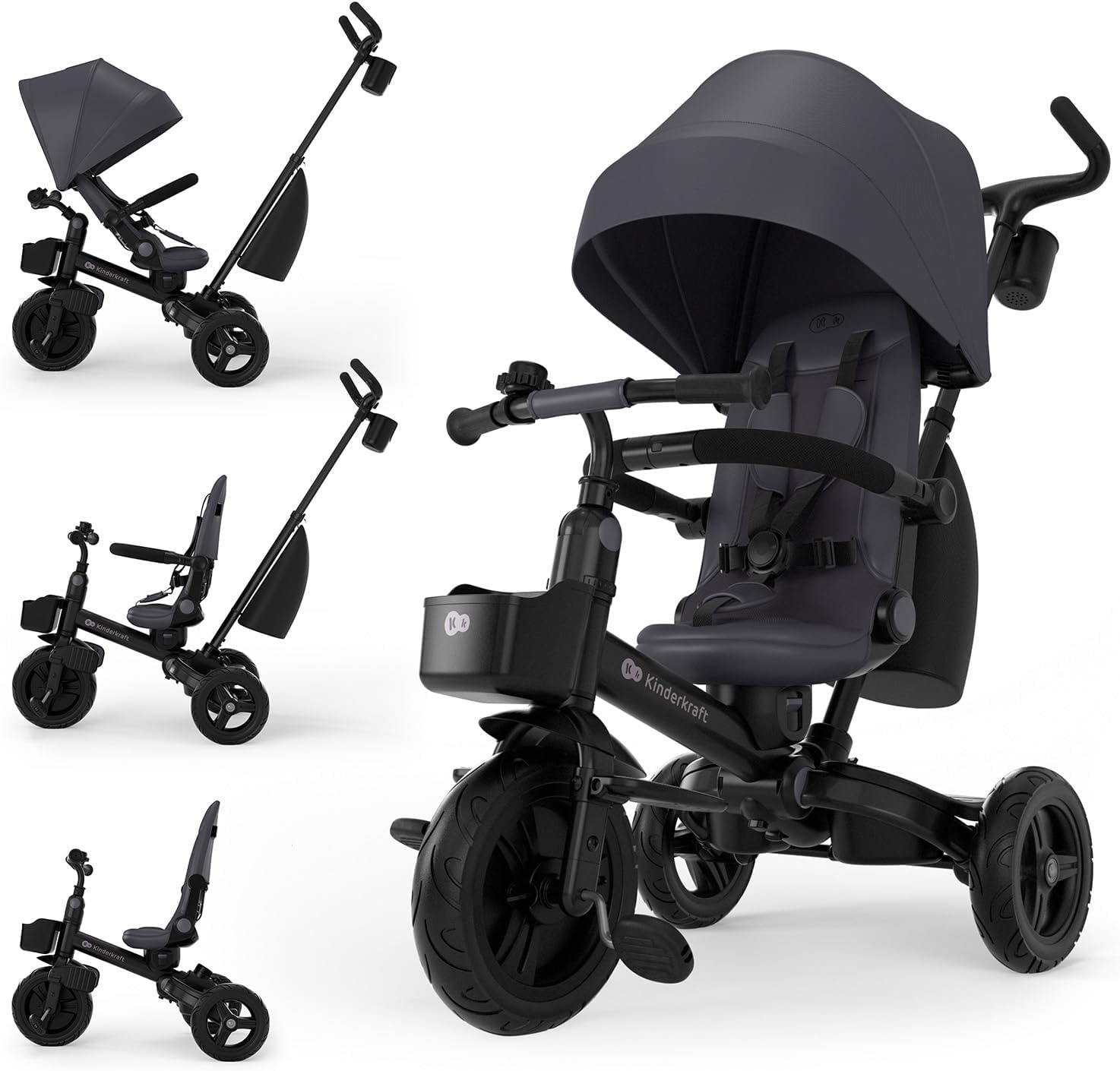 Kinderkraft AVEO 2 PRO Tricycle 6 in 1, CLICK&TWIST Rotating Seat, Reclining Both Directions, Foldable Compact Frame, UPF50+ Canopy, Freewheel, 9 Months to 5 Years, Grey