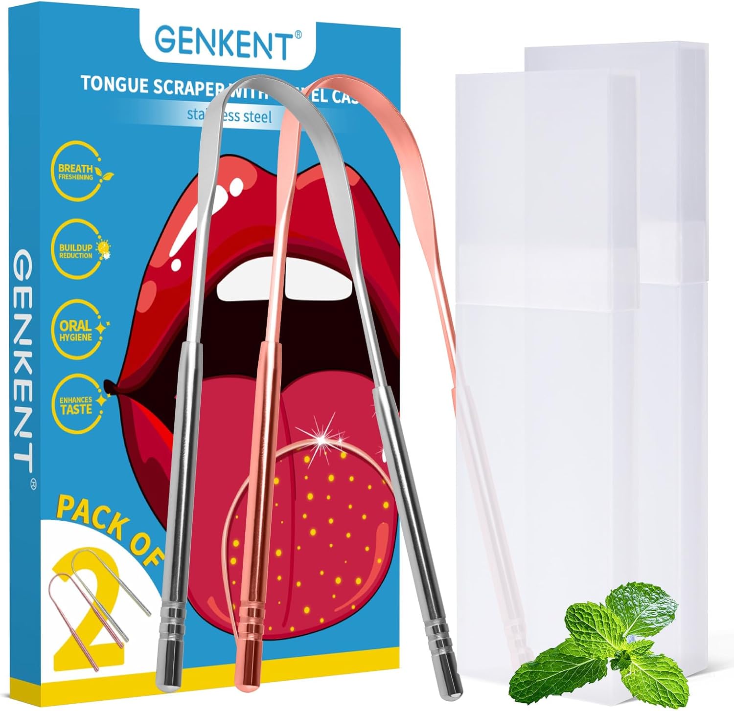 GENKENT 2 Pcs Tongue Scraper with Travel Friendly Cases, Metal Cleaner Reduce Bad Breath, Oral Hygiene for Adults