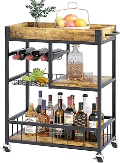 Bar Cart with Basket 3 Tiers Home Rolling Wine Rack with Wheels Mobile Kitchen Industrial Vintage Style Wood Metal Serving Trolley Serving Cart,Glass Holder Bar Cabinet