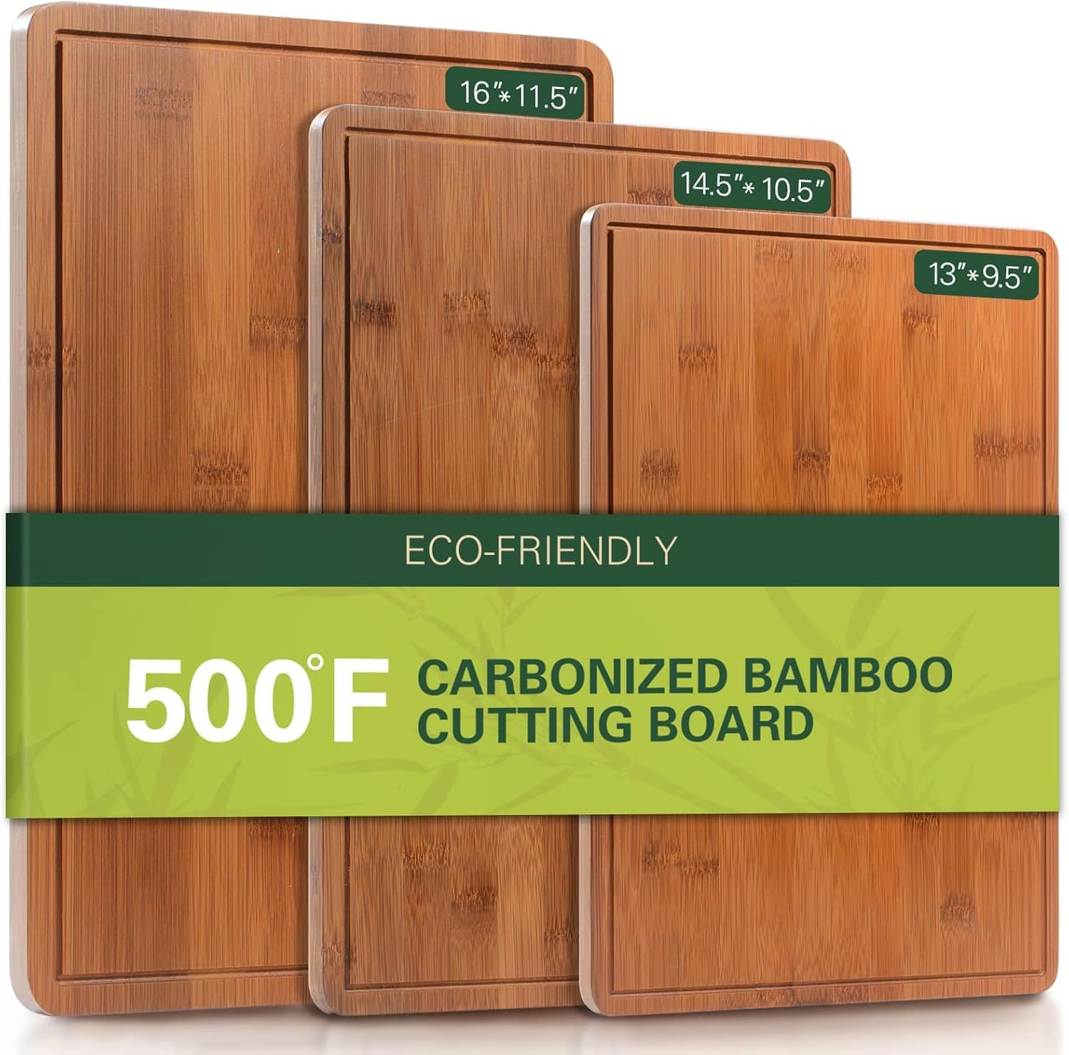Carbonized Bamboo Cutting Boards for Kitchen, XL Durable Wood Cutting Board with Juice Grooves and Handles, Set of 3 Solid Charcuterie Board for Meal Prep & Serving (13x9.5, 14.5x10.5, 16x11.5)