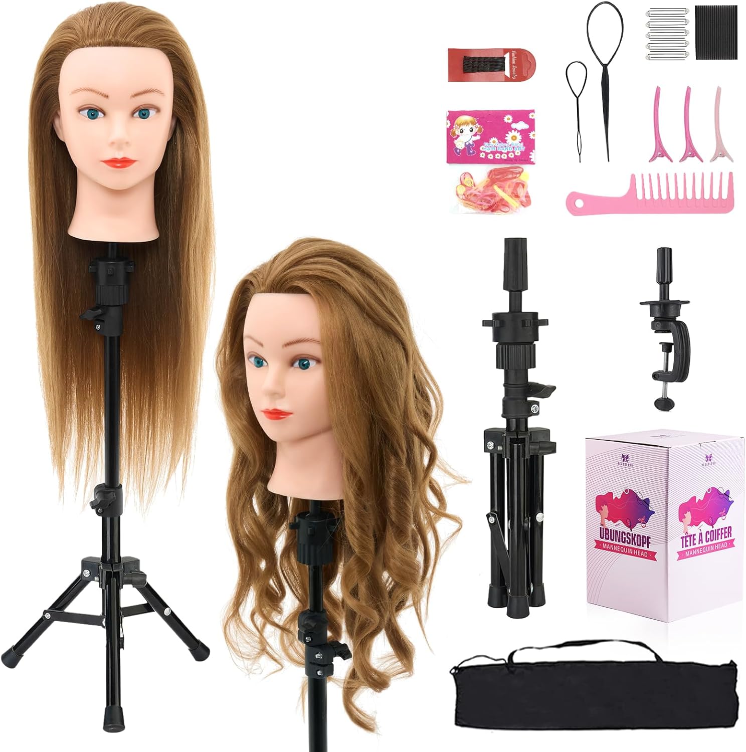 Neverland Beauty Hairdressing Head with Tripod Stand, 26-28" Mannequin Head 60% Human Hair Training Head for Braiding & Styling, Professional Doll Head with Table Clamp and Hair Accessories(Blonde)