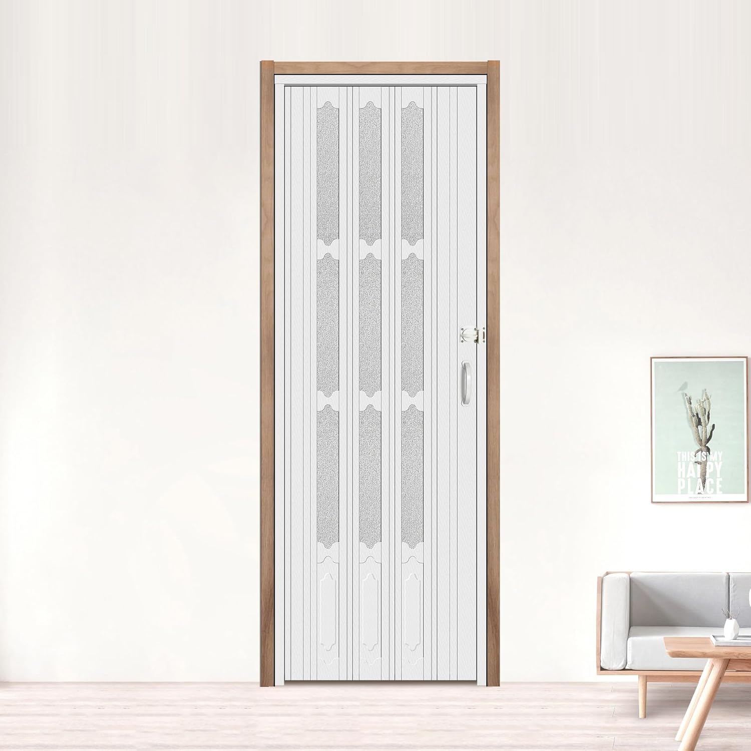 DIYHD 32X96in Accordion Interior Door with Frosted Acrylic Glass,Multi Fold Closet Door with Installation Hardware