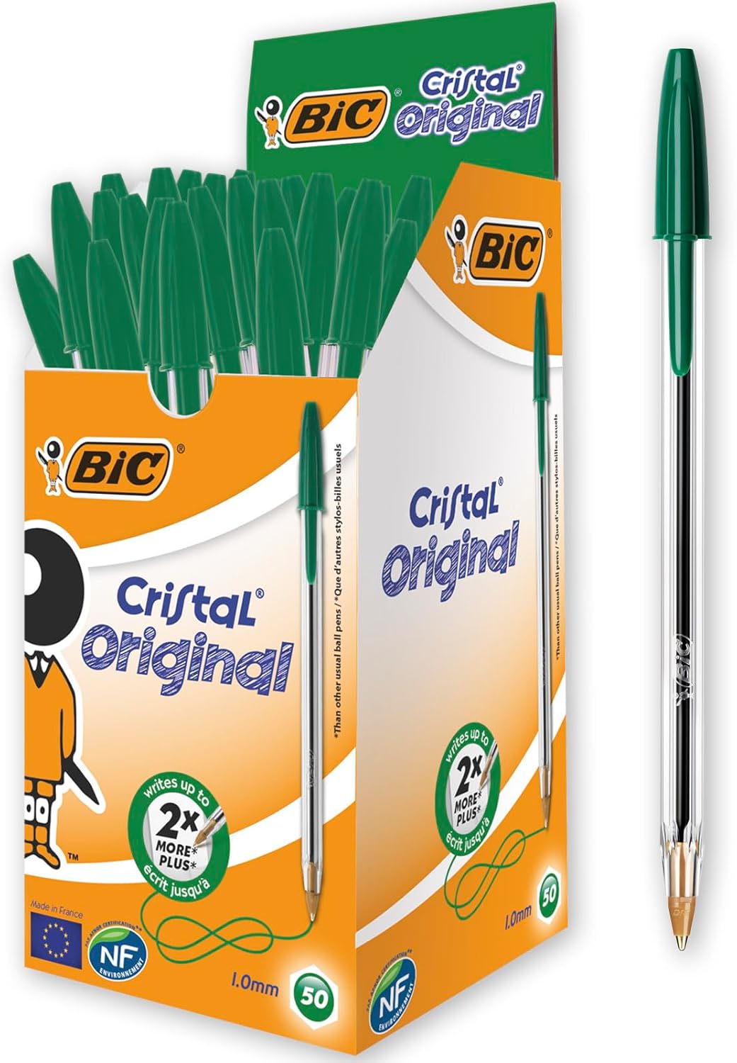 Bic Cristal Medium Smudge-free Ballpoint Pen, 1.0mm Tip Line, Green, Ideal for Office and School, Pack of 50