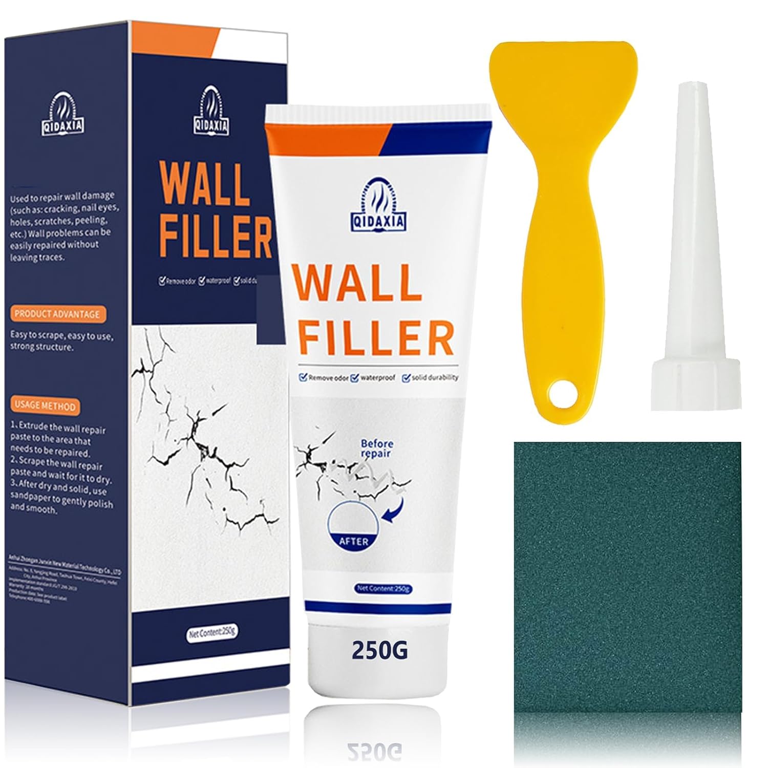 Wall Filler Repair Kit,250g Quick Drying White Wall Paint Repair Cream,Wall Mending Agent,Effectively Wall Patch Repair Kit With Wall Scraper And Sandpaper For Walls,For Holes,Graffiti,Crack