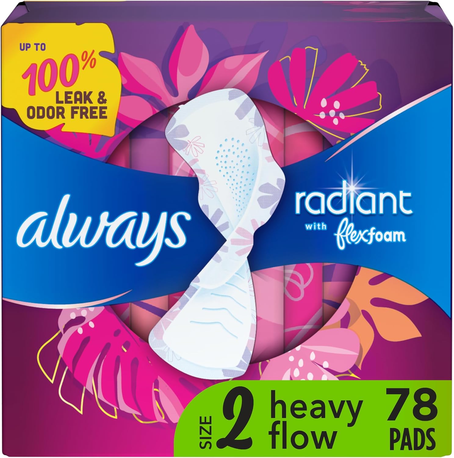 Always Radiant Feminine Pads for Women, Flexfoam Pads with Wings, Size 2, Heavy Absorbency, Lightly Scented, 78 Count (3 Packs of 26)