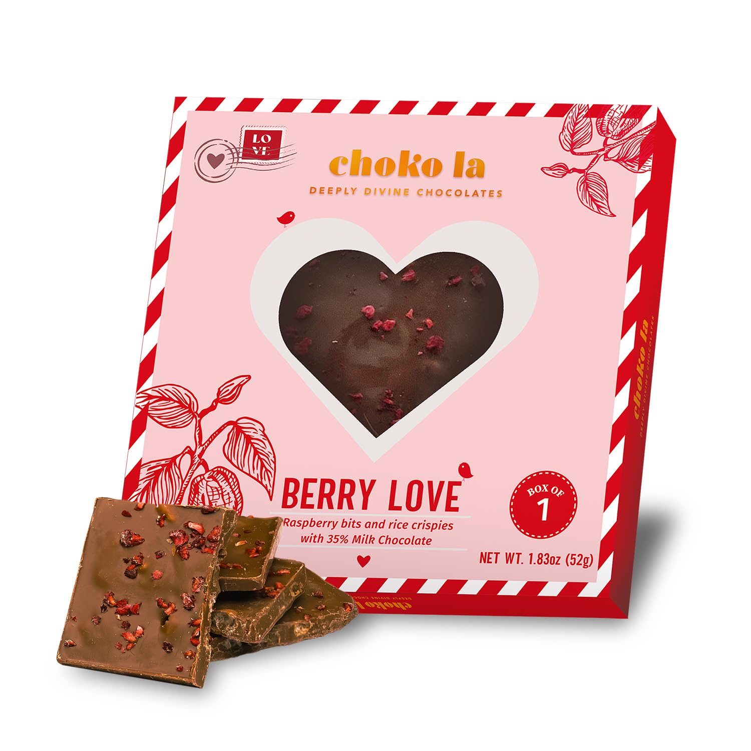 Choko La Berry Love | 35% Milk Chocolate with Raspberry Crumble | Gourmet Chocolate Bar | 52g | Romantic Gift for Him, Her, or Friends