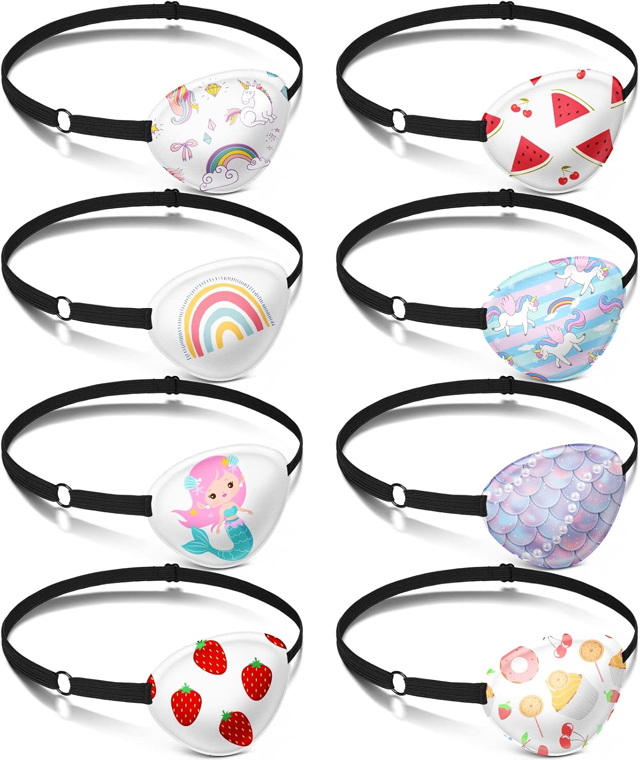 Eurzom 8 Pcs Kids Eye Patches, Adjustable Reusable, Assorted,Fresh Style | Unicorn Style Fabric Eye Patches for Kids, Elastic Strap, Various Patterns, for Halloween Party Children Unisex, One Size