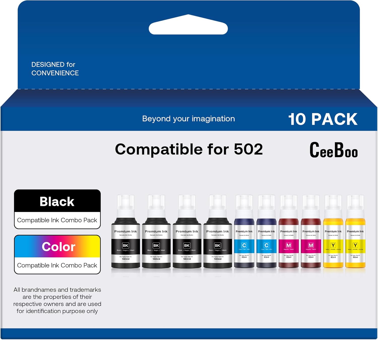 CEEBOO 502 Refill Ink Bottle Replacement for Epson 502 Ink Refill Bottles (Not Sublimation Ink) , 4 Black 140 mL, 2 Cyan 80 mL, 2 Magenta 80 mL, 2 Yellow 80 mL, 10 Bottles