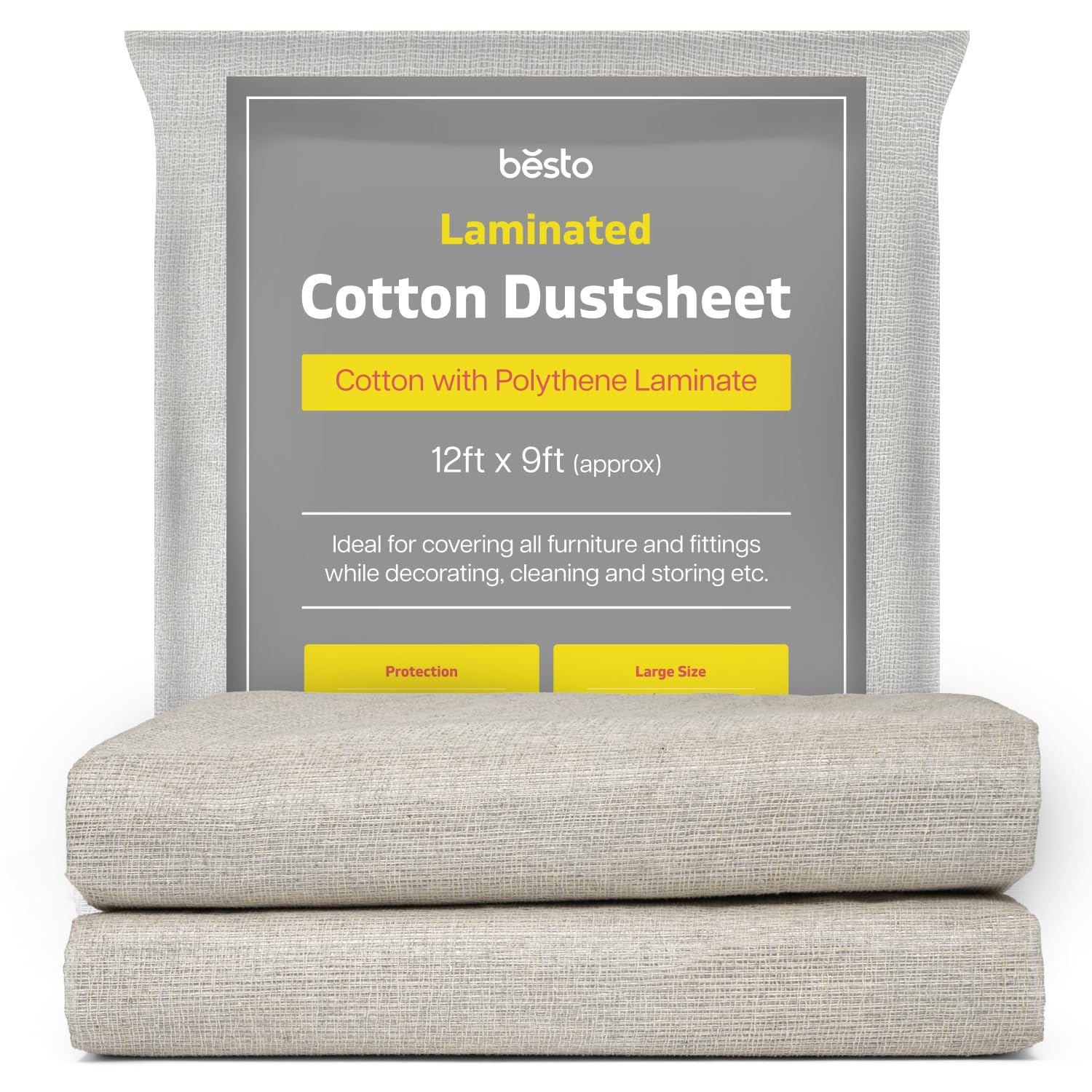Pack of 2 Laminated Cotton Dust Sheets for Decorating, Waterproof 12ft x 9ft Dust Sheets Twill Laminated Polythene Backed Reusable Paint Sheets for Furniture, Floor, Staircase and DIY Projects