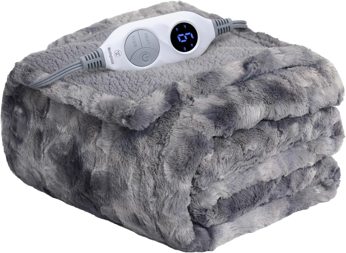 Westinghouse Electric Heated Throw Blanket, Faux Fur with 6 Heating Levels & Auto Off, Soft Cozy Sherpa Washable Blanket (50" x 60", Grey)