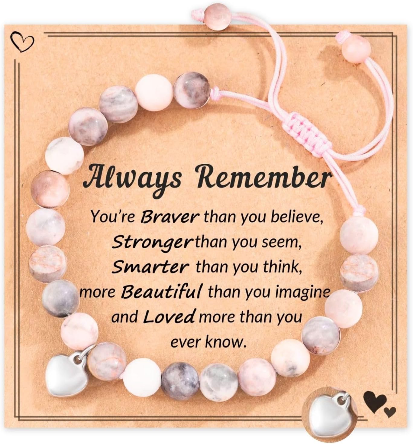 Natural Stone Healing Crystal Bracelets, Adjustable Stretch Pink Zebra Bracelet Crystal Jewelry Yoga Meditation Relax Gifts Friendship Birthday BFF for Women Teen Girls with Encourage Quote Card