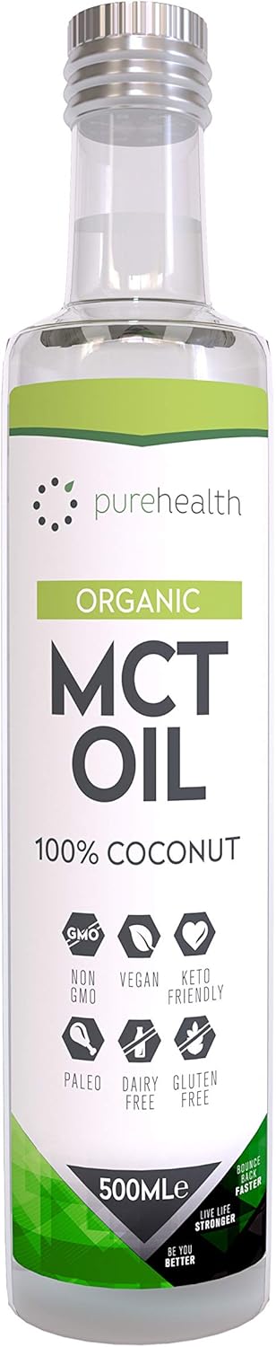 Pure Organic MCT Oil Glass Bottle, Triple Steam Distilled, Premium 100% Coconut Zero Palm Oil, Perfect for Keto Diets, IF (Fasting) & Bulletproof Coffee, Non-GMO (C8/C10)