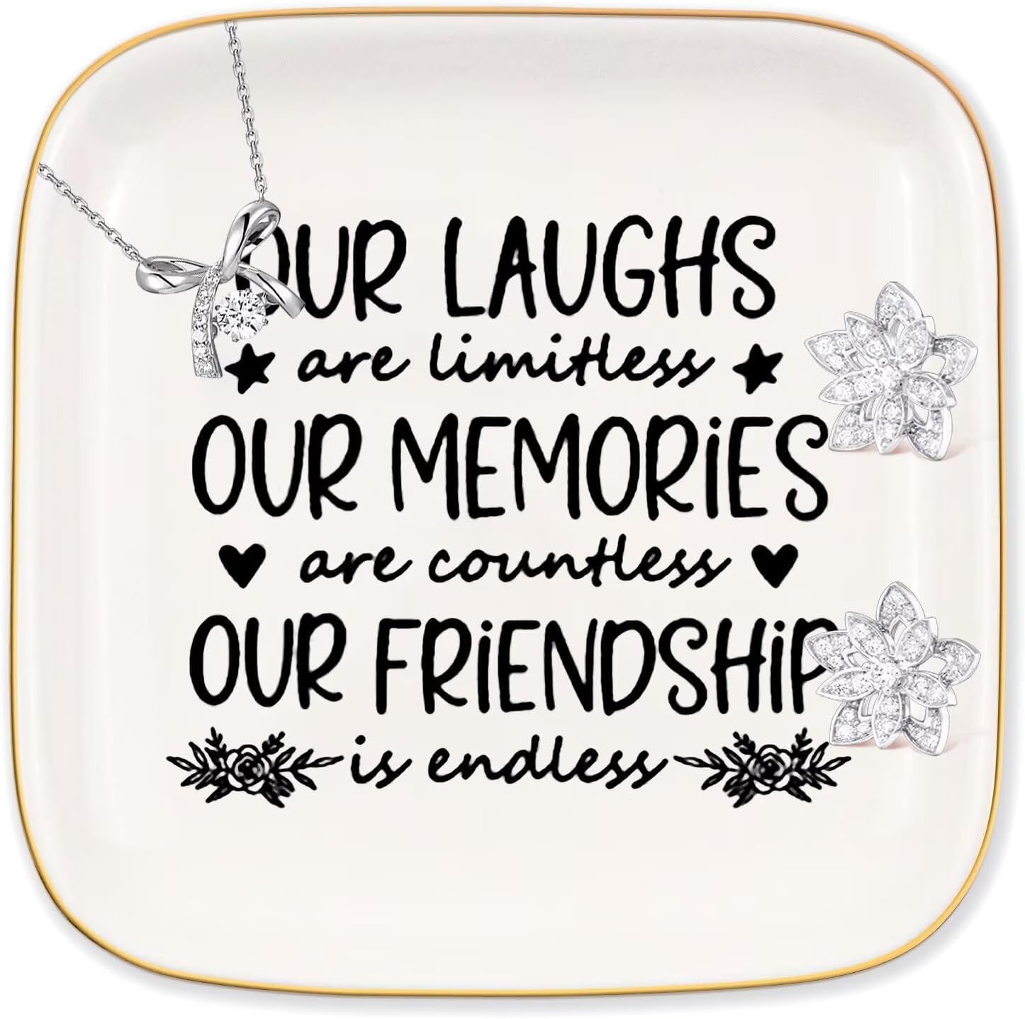 Friendship Gifts for Women Best Friend, Ceramic Jewelry Dish Gifts Our Laughs are Limitless, Our Memories are Countless, Our Friendship is Endless, Birthday Gift for Women Friends