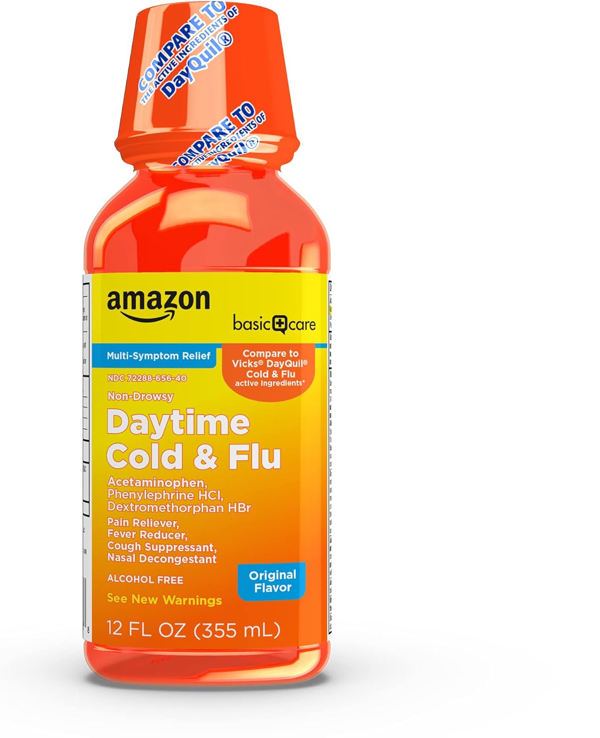 Amazon Basic Care Daytime Cold and Flu Relief, Non-Drowsy, Liquid Medicine, Original Flavor, 12 fl oz (Pack of 1)