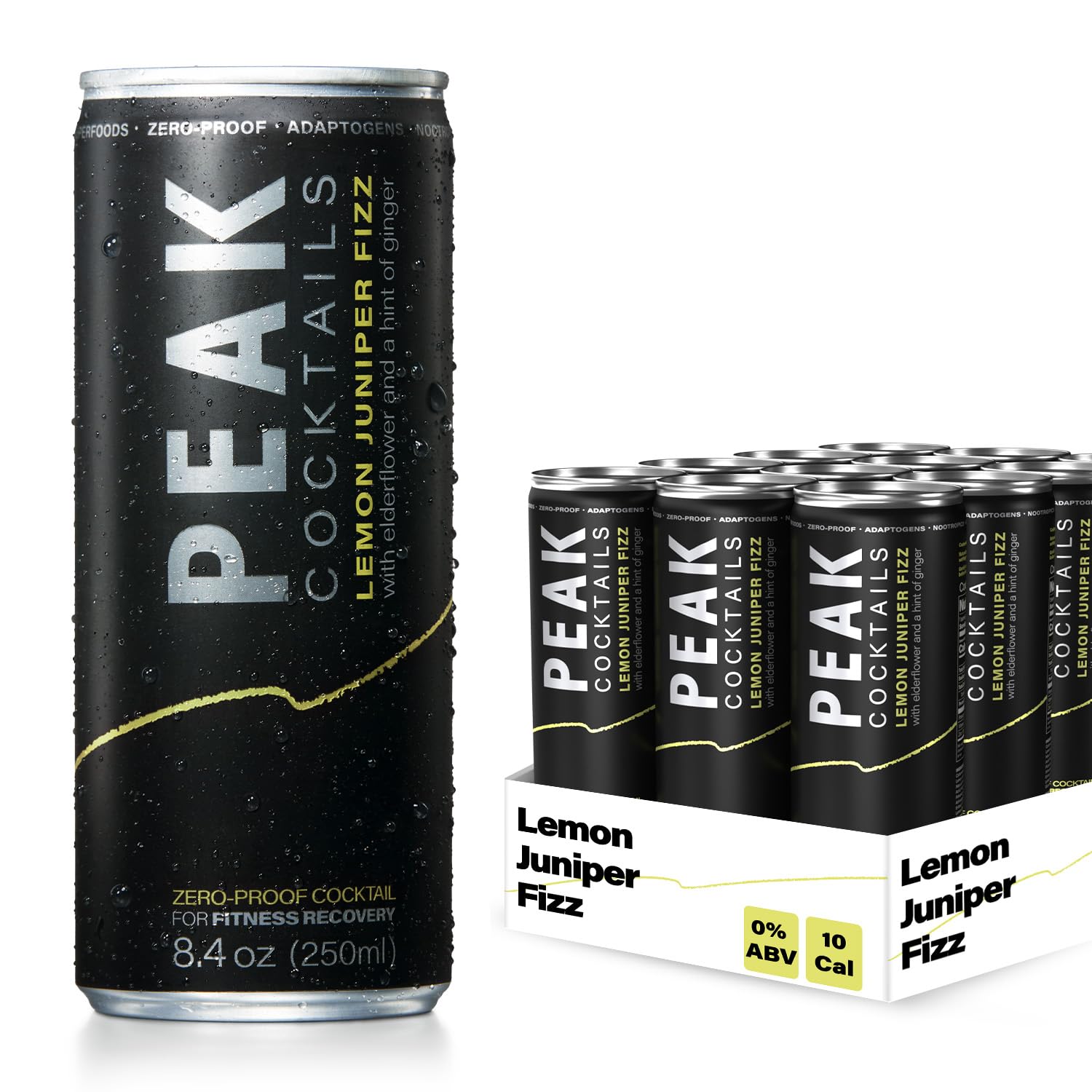 Peak Cocktails Non-Alcoholic Cocktail | Adaptogens, Nootropics, Superfoods for Recovery, Calm, Sleep | Ashwagandha, Tart Cherry, L-Theanine | Mixologist-crafted | Lemon Juniper Fizz | 8.4 oz, 12-Pack