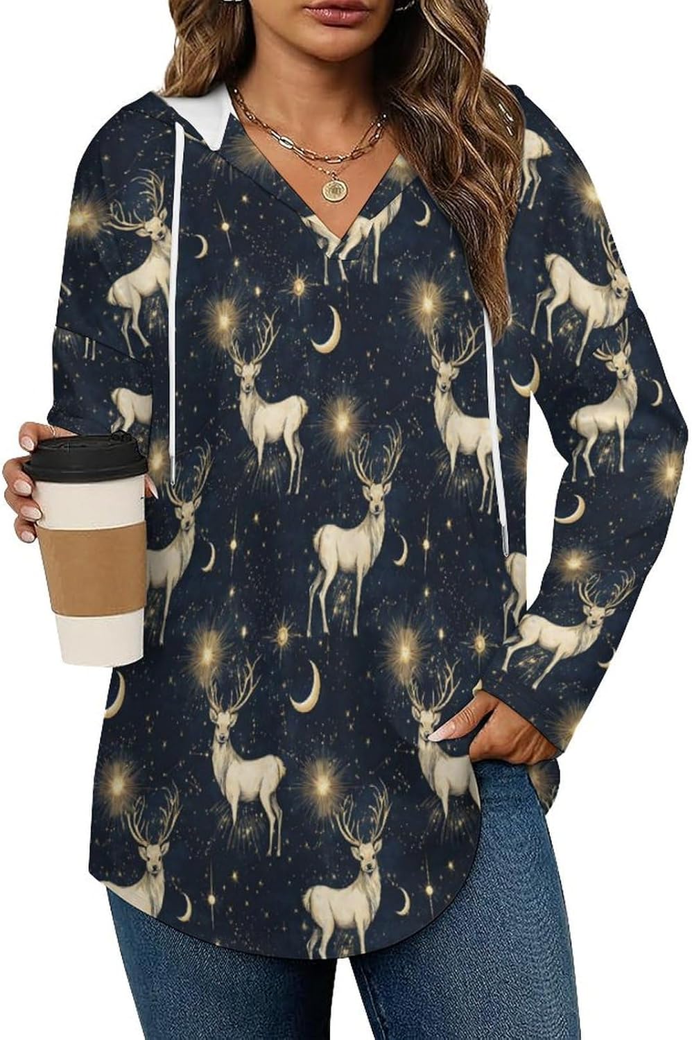 Dark Blue Starry Sky Elk Print Womens Tops Hoodies Sweatshirts for Women Pullover Long SLeeve Shirts Fall Fashion