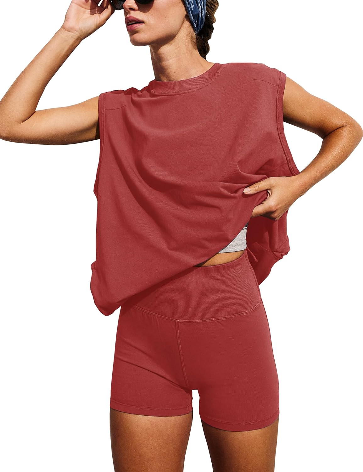 Tiko Miko Womens Workout Sets 2 Piece Outfits Oversized Top with Biker Shorts Active Lounge Sets Tracksuit