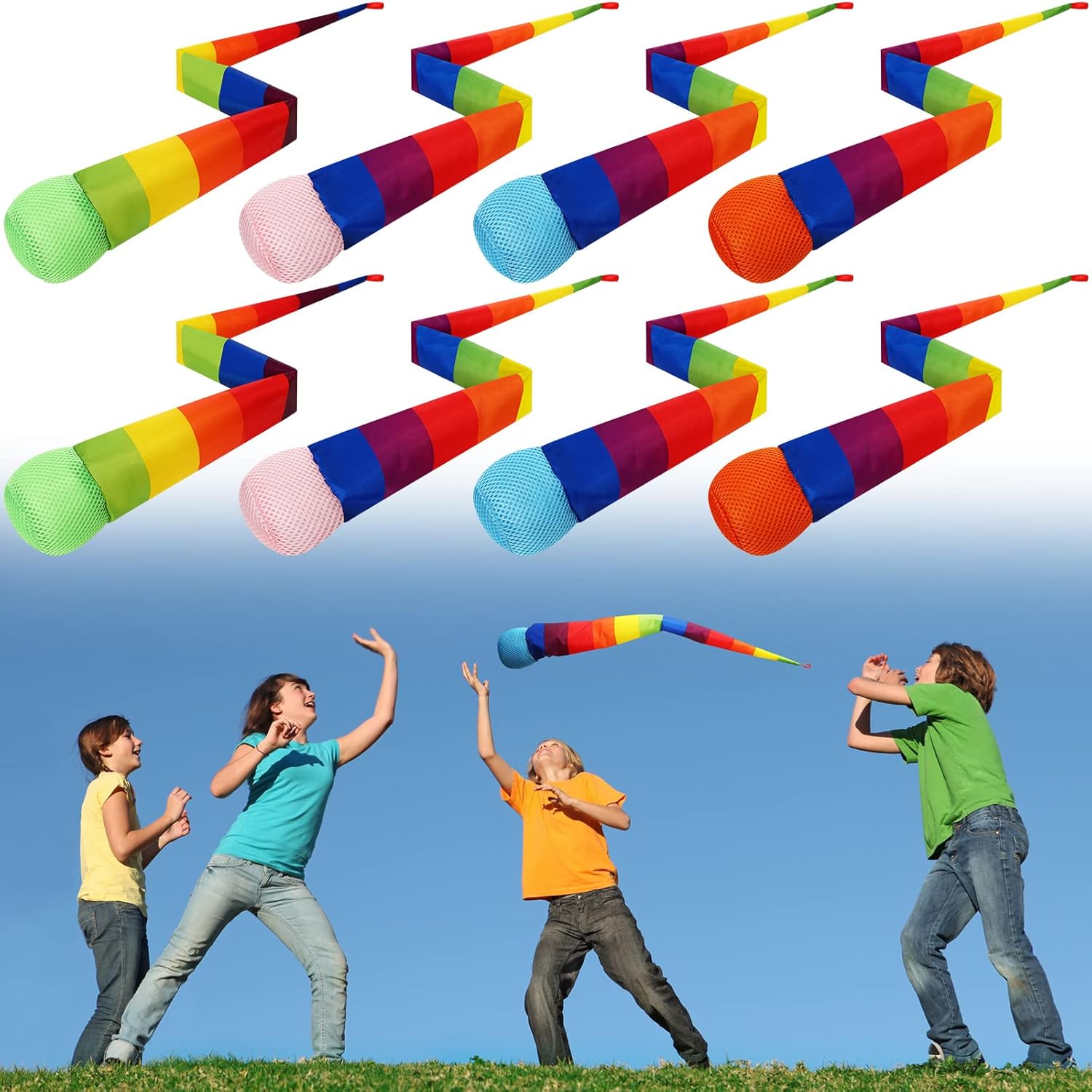Leyndo 8 Pcs Throw and Catch Balls with Rainbow Tail, Fun Colorful Sports Comet Balls Playground Toys for School Classroom Beach Outdoor Camping Healthy and Fun Games, 26 Inch Long(Multi Color)