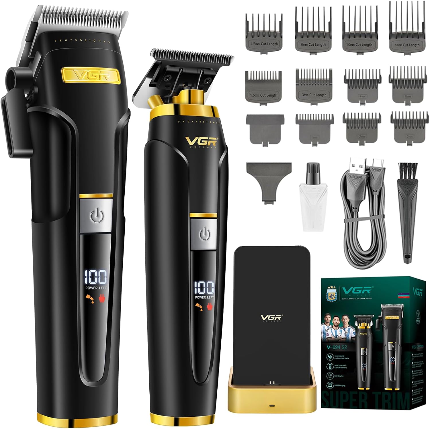 VGR 694S2 Professional Hair Clippers for Men - Cordless Barber Clipper & Trimmer Set with Charging Dock, 440 Min Runtime & LED Display - Rechargeable Hair Cutting Kit for Barbers & Home Use(Black)