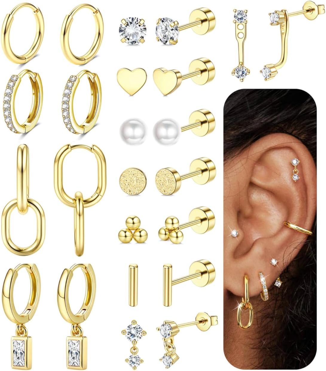 BESTEEL 12 Pairs Hypoallergenic Flat Back Earrings for Women - 14K Gold Stainless Surgical Steel Cartilage Earring Stacks Set Small Tragus Conch Daith Helix Piercing Jewelry Dangle Stud Hoops Silver