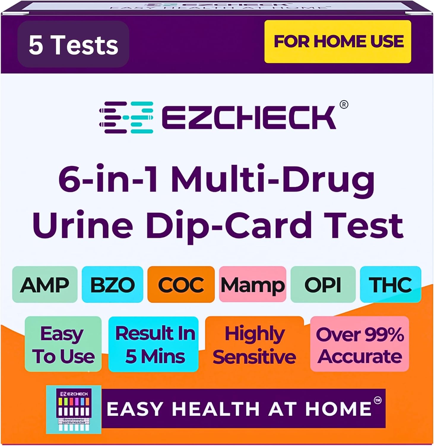 [2 Pack] EZCHECK® 6-Panel Drug Test - at-Home Rapid Urine Screening Kit for 6 Most Used Drugs: (THC-Marijuana, BZO-Benzos, MET-Meth, OPI/MOP-Opiates, AMP-Amphetamine, COC) - FSA/HSA Eligible